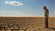 © LPhotoworks - Wide view of a drought-stricken farmland, the soil dry and cracked. Crops are withered and dying, and a solitary farmer surveys the damage, framed by a clear, painfully bright sky.
