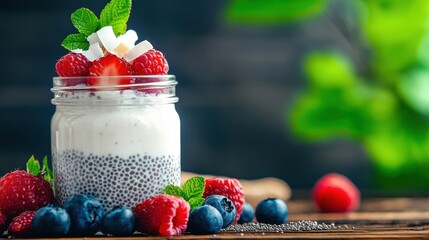 Wall Mural - A close-up of a mason jar filled with layers of chia pudding, fresh berries, and a sprinkle of coconut flakes, placed on a rustic wooden table