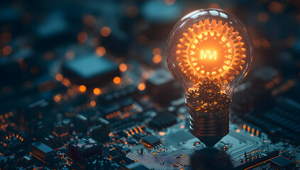 Poster - A creative illustration of a glowing light bulb on a circuit board, symbolizing innovation and technology in a digital age.