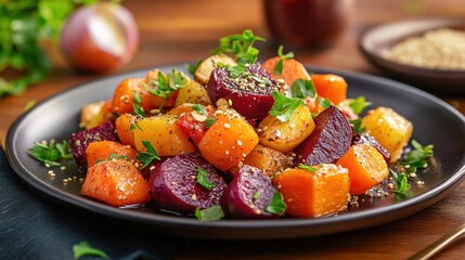 Wall Mural - A close-up of a plate of roasted vegetables, including beets, carrots, and sweet potatoes, garnished with fresh herbs and a sprinkle of seeds