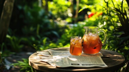 Newspaper placed on a garden table with a pitcher of iced tea and a lush, green garden background