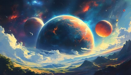 Wall Mural - The two planets under the starry sky complement each other with the gorgeous nebula, showing the beauty of science fiction.