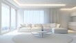 © Алена Ваторина - Modern living room with a white sectional sofa, round glass coffee table, and soft ambient lighting, featuring neutral tones and minimalist decor
