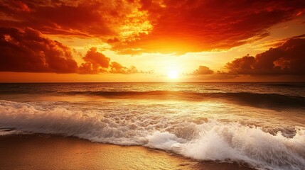 Sticker - serene sunset: vibrant orange clouds painting the ocean horizon