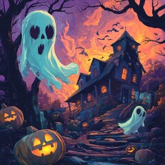 Canvas Print - Haunted house with two ghosts and pumpkins on a spooky Halloween night.