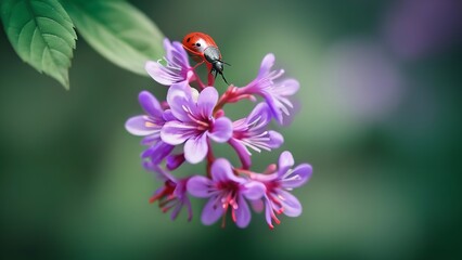 Wall Mural - a bug sitting on top of a purple flower with leaves in the background at dawn