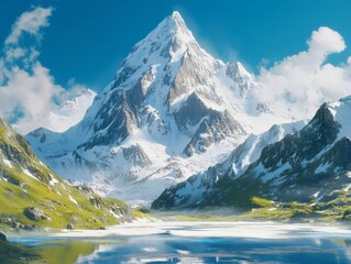 Poster - Majestic snow-capped mountain peak overlooking a glacial lake.