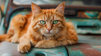 A charming red cat is resting and gazing intently with his lovely eyes, lying on the hood of an antique retro car. The idea of relaxing and relaxing pets.