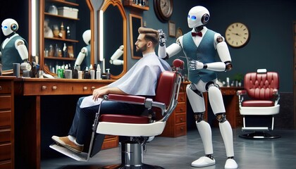 Robot Barber Cutting Man's Hair.