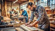 © Man888 - Close-up of skilled craftsman's hands precision-cutting wooden planks on a workbench cluttered with tools and woodworking machinery in a busy industrial workshop atmosphere.