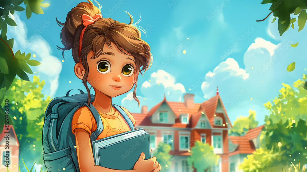 School years. A teenage girl with notebooks and textbooks in her hands ...