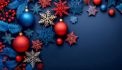 A blue background with red and blue snowflakes and red and blue Christmas ornaments.