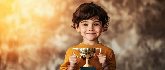 A joyful child proudly holding a trophy, showcasing happiness and achievement against a soft, blurred background.