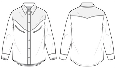 Wall Mural - Men's Western shirt flat sketch illustration front and back view, double patch pocket long sleeve Denim shirt for casual wear cad drawing vector template mock up