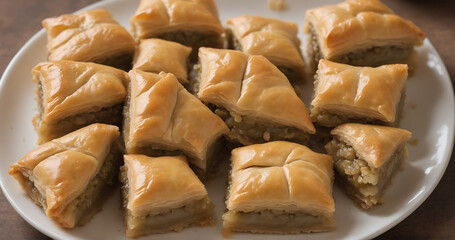 Wall Mural - Delicious traditional Turkish homemade baklava with walnuts, dessert