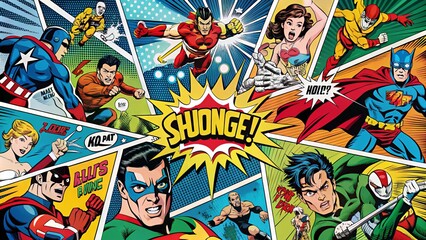  Colorful illustration of a classic comic book strip featuring action-packed scenes, vibrant characters, and dynamic speech bubbles against a bold, graphic background.