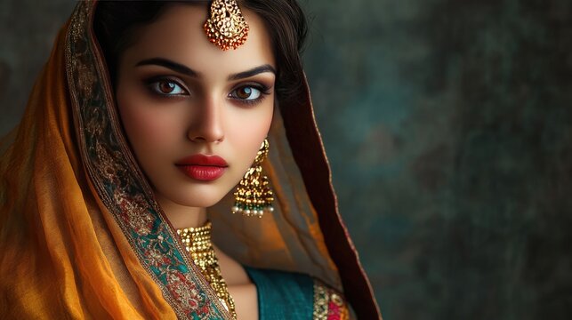 Studio image of an Indian woman in a multicolored sari and traditional jewelry, posed elegantly to highlight the cultural significance and beauty of her attire.