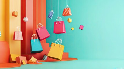 Poster - Bright 3D shopping sale banner with a combination of floating shopping bags, sale percentages, and a modern design layout.