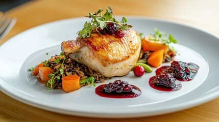 Sticker - A beautifully plated dish of roasted quail, stuffed with wild rice and herbs, served with a cranberry reduction