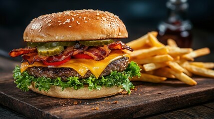 Poster - A gourmet burger made with a thick, juicy beef patty, topped with melted cheese, crispy bacon, and fresh vegetables, served with golden fries