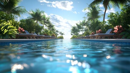 Canvas Print - A view of a long swimming pool with lounge chairs and palm trees on either side. The pool is empty and the water is sparkling.