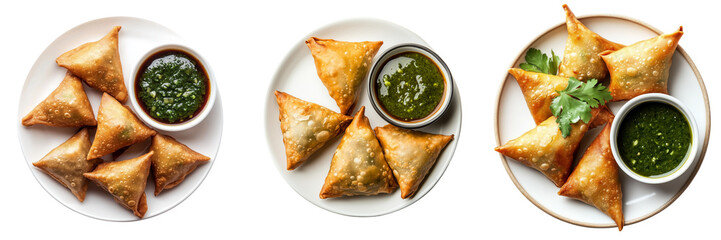 A Set of plate with homemade Indian samosas, with a side of tangy tamarind sauce and green chutney, isolated on a transparent background