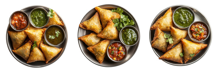 Wall Mural - A Set of plate with Indian samosas, golden and crispy, accompanied by a variety of chutneys, isolated on a transparent background