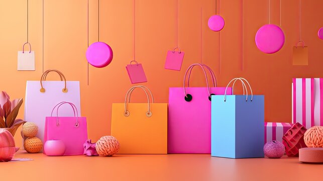 Sleek 3D banner for a shopping sale promotion, showcasing discount tags, product icons, and a stylish gradient background.