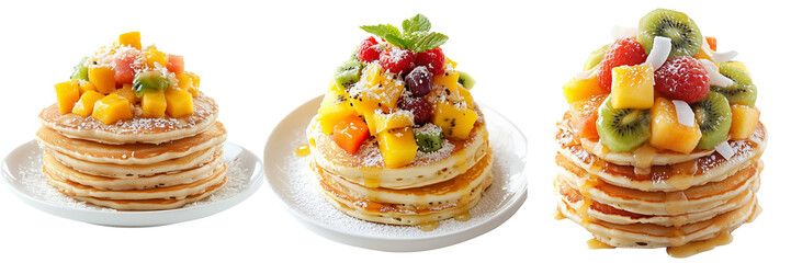 Wall Mural - A Set of stack of pancakes topped with a mix of tropical fruits and coconut flakes, isolated on a transparent background