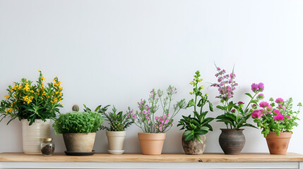 Wall Mural - Variety of flowers in flowerpot on white background,Colorful tulips in vases on white table in sunlight