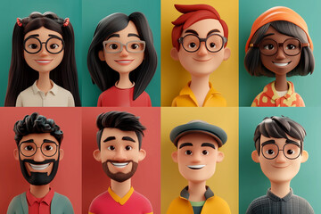 Wall Mural - 3d cartoon profile picture of 8 smiling various and diversity people. diverse, people concept