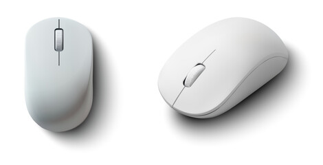 Poster - Set of two minimalist white wireless mice displayed from different angles, isolated on a white background. The sleek and ergonomic design makes these devices perfect for technology products. Vector