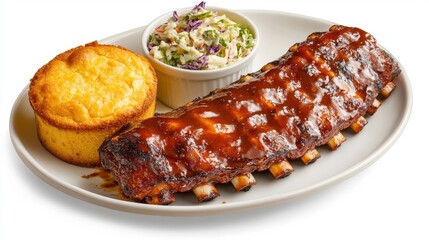 Sticker - A serving of BBQ ribs, coated in a sticky, smoky sauce, served with a side of coleslaw and cornbread