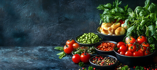 Wall Mural - banner of vegetarian food, dark background