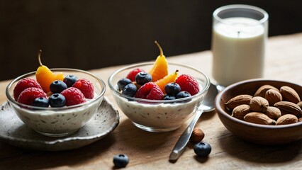 Fresh fruit and yogurt bowls with almonds on a rustic wooden table in the morning light