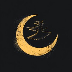 Sticker - Silhouette of a witch flying on a crescent moon with a grunge effect.