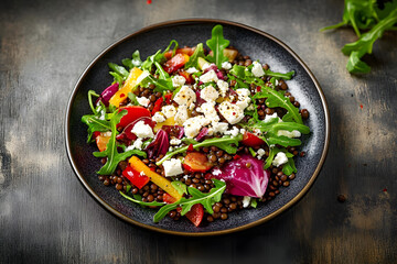 Poster - Studio shot of plate of vegetarian salad with lentils, arugula, feta cheese, radicchio and bell pepper