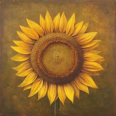 Wall Mural - Single, fully bloomed yellow sunflower with dark brown center against a green-brown background.