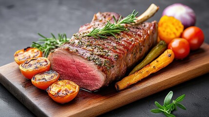 Wall Mural - A succulent rack of lamb, grilled to perfection, with a herb crust and served with roasted vegetables