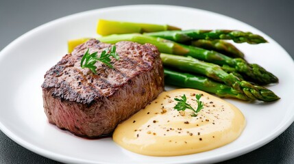 Poster - A tender filet mignon, grilled to perfection, served with a creamy barnaise sauce and sauted asparagus