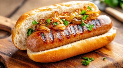 Wall Mural - Close-up of a grilled sausage, served in a freshly baked bun, topped with caramelized onions and mustard