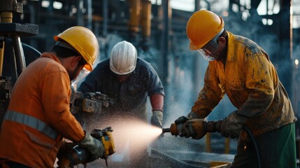 Wall Mural - Workers using high-pressure water jets for extraction. Miner in the mine