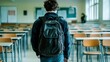 © Mitchell - Student with Heavy Backpack Walking Away from Classroom, Head Hung Low, Symbolizing Defeat and Disappointment