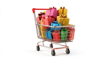 Shopping cart full of gift boxes on white background. Supermarket trolley with presents. Discounts, sales and promotions