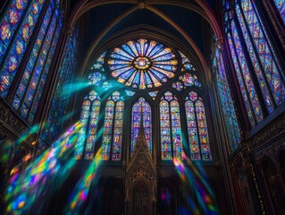 Wall Mural - Sunlight streams through stained glass windows in a cathedral.