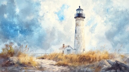 Wall Mural - Tall lighthouse with a small house nearby, on a cliff side with a grassy path leading towards the ocean.