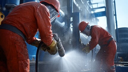 Wall Mural - Workers using high-pressure water jets for extraction. Miner in the mine