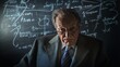 © PuiZera - Thoughtful senior man in a suit with glasses standing in front of a chalkboard covered in chalk drawings.