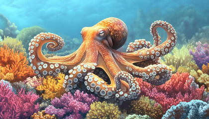 Wall Mural - A bright illustration of an octopus sitting in a multicolored coral reef