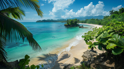 Tropical paradise beach with palm trees swaying in the wind, overlooking crystal-clear ocean